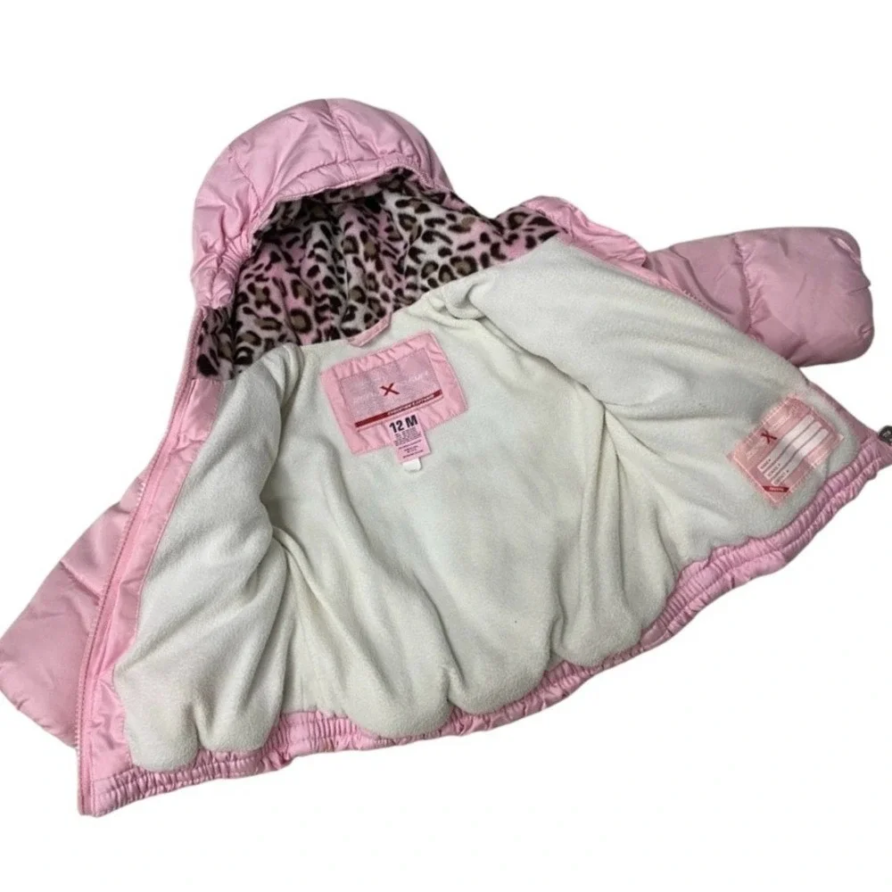 ZeroXposure Baby Girls Pink Puffer Jacket Snowsuit Hooded Leopard Lined‎ 12M
